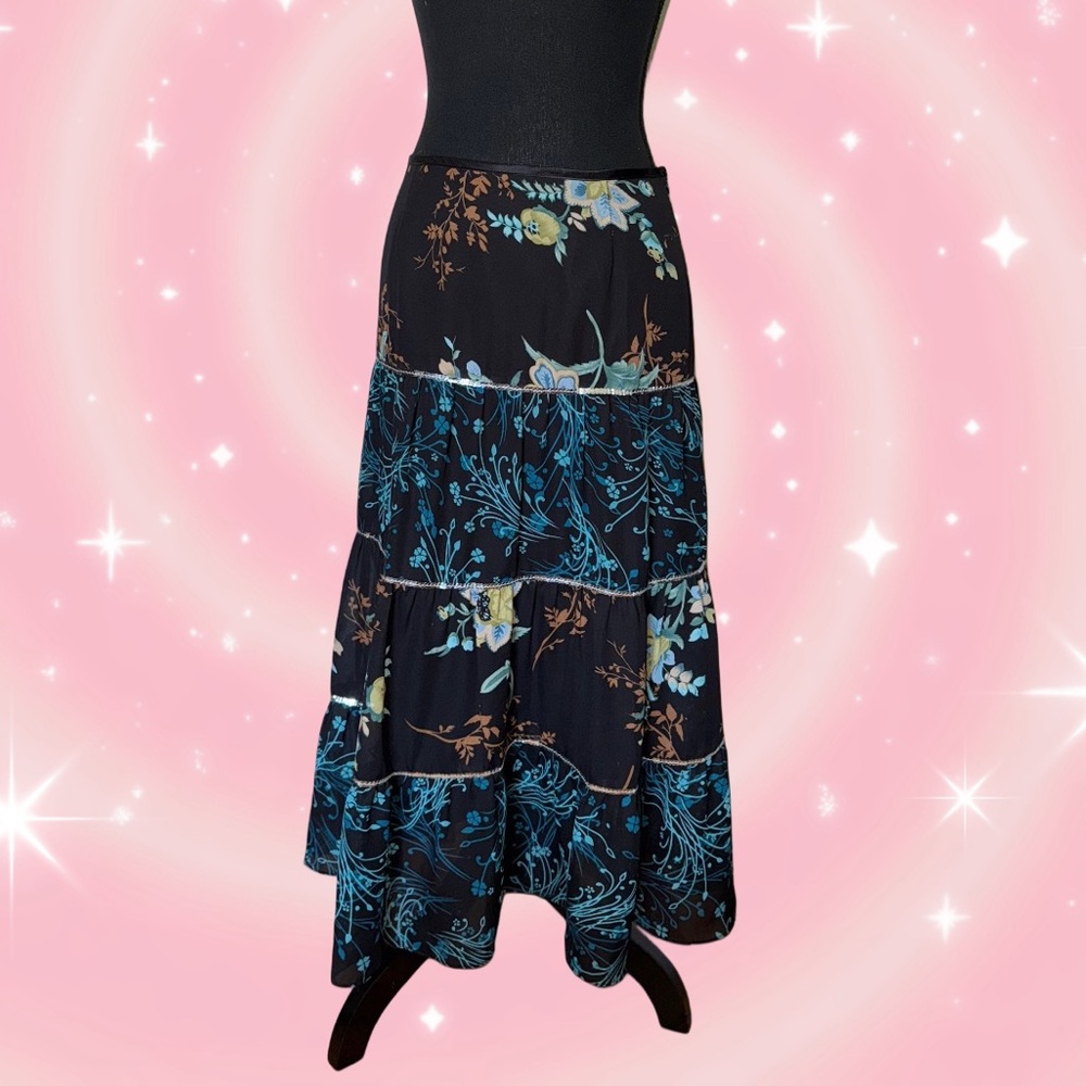 Vintage Courtenay Printed Tiered Maxi Skirt With Sequin Detail Size 12 Fits Med